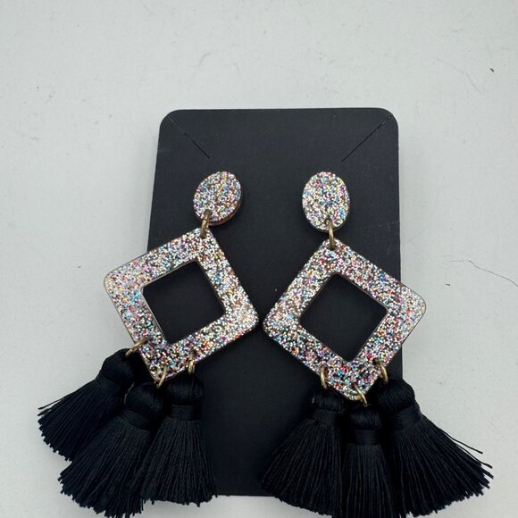 Square Glitter & Tassel Dangle Earrings 3 inches - Picture 2 of 3